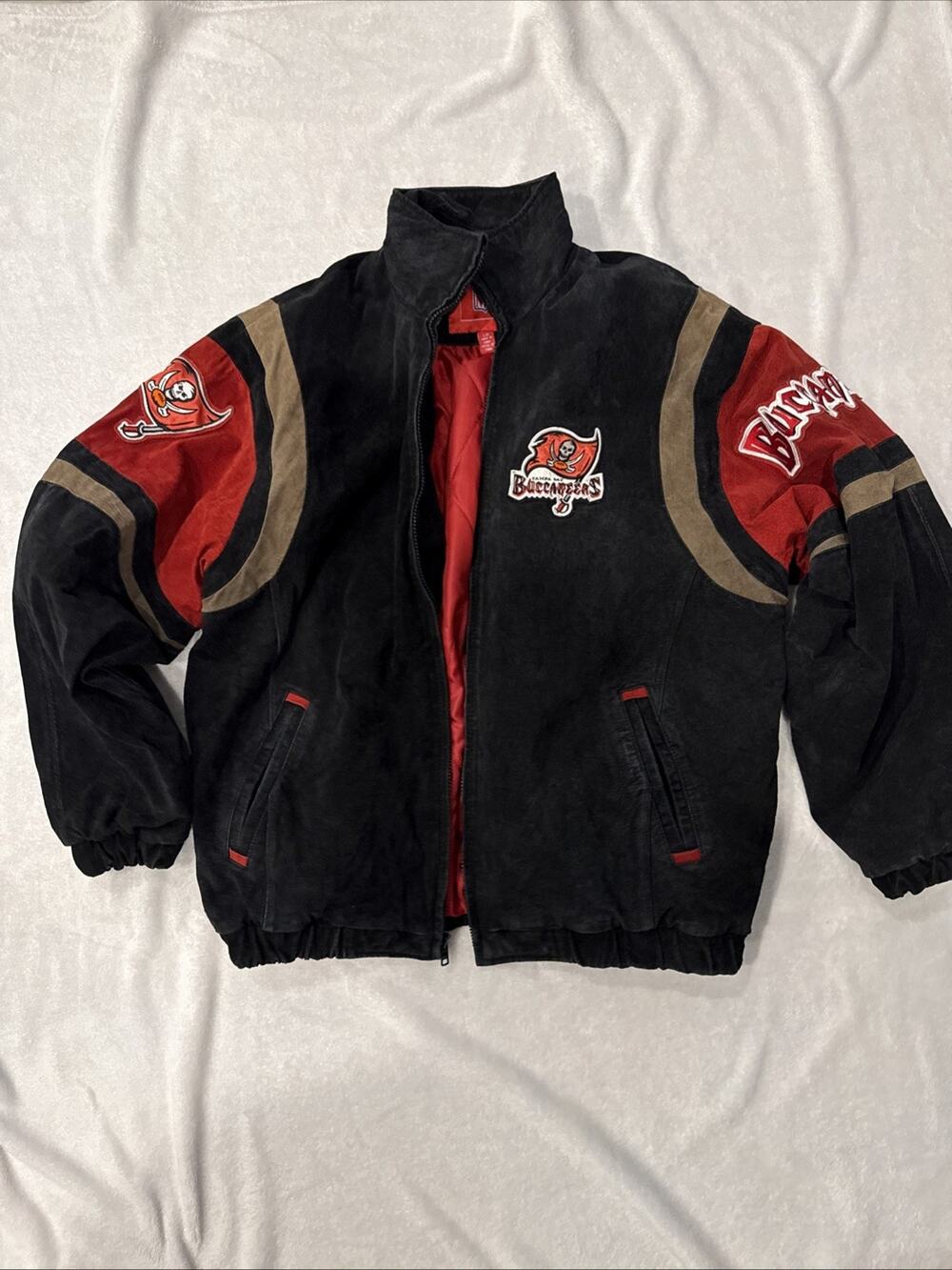 VTG Tampa Bay Buccaneers Mens Large Suede Leather Bomber Jacket Coat NFL G-III